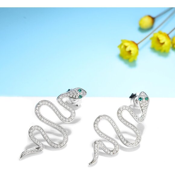 925 Sterling Silver Snake Dangle Earrings with Cubic Zirconia for Women - Picture 2 of 9